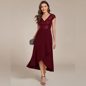 🆕Short Sleeve V-Neck Midi Sequin Formal Dress